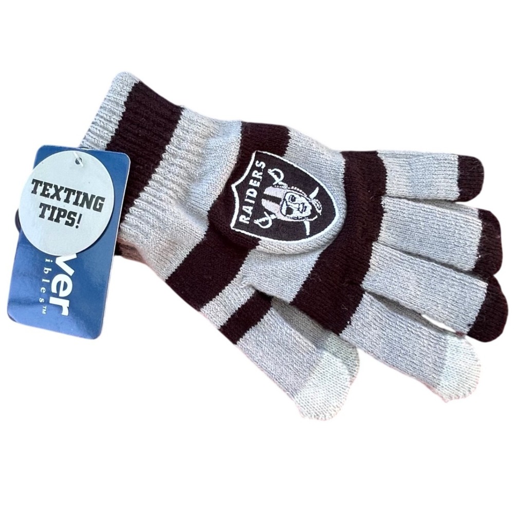 NFL Las Vegas Raiders Knit Texting Gloves Black Grey Striped Touchscreen NWT - Picture 2 of 3